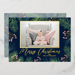 Carte De Vœux En Aluminium Pines Berries Navy Blue Christmas Photo