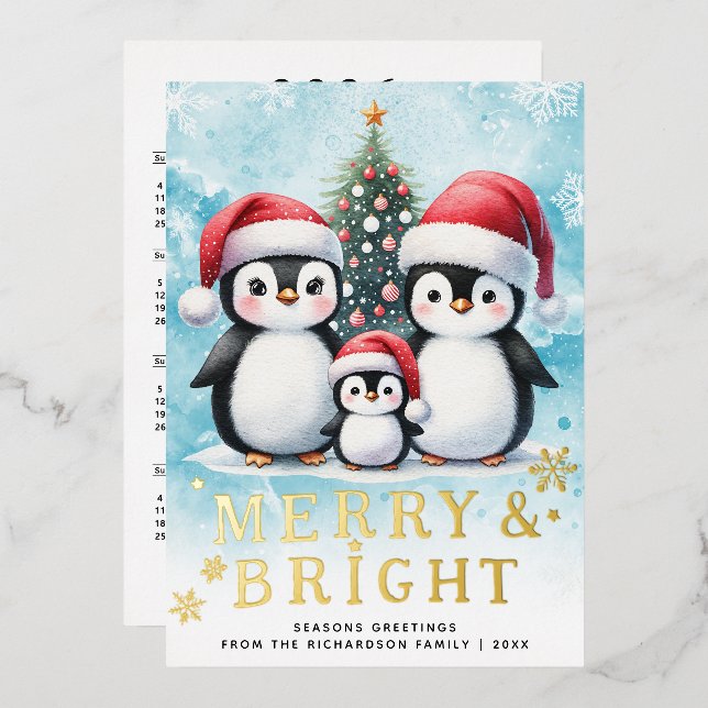 Carte De Vœux En Aluminium Pingouin Famille Joyeux & Bleu Bleu Rouge Noel (Recto/Verso)