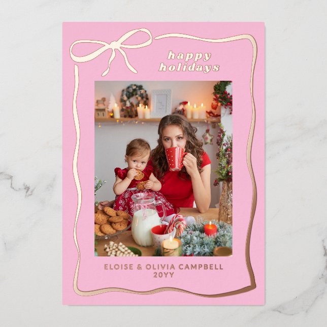 Carte De Vœux En Aluminium Pink Whimsical Handdrawn Bow Frame Photo (Recto)