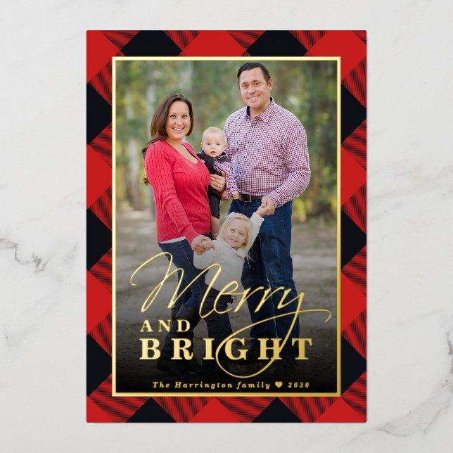 Carte De Vœux En Aluminium Plaid Christmas Photo Gold (Recto)
