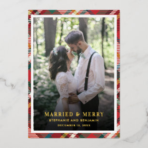 Carte De Vœux En Aluminium Plaid Christmas Photo Marié et Joyeux Or