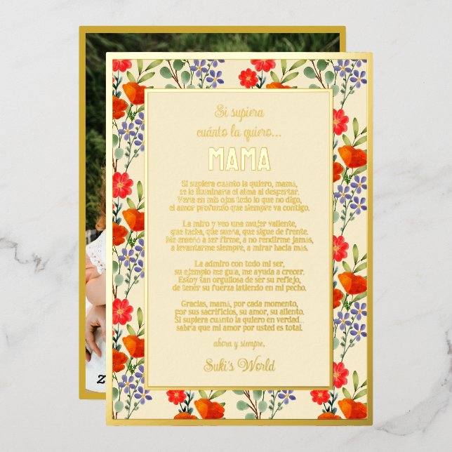 Carte De Vœux En Aluminium Poème espagnol personnalisé pour maman | Motif Flo (Recto/Verso)