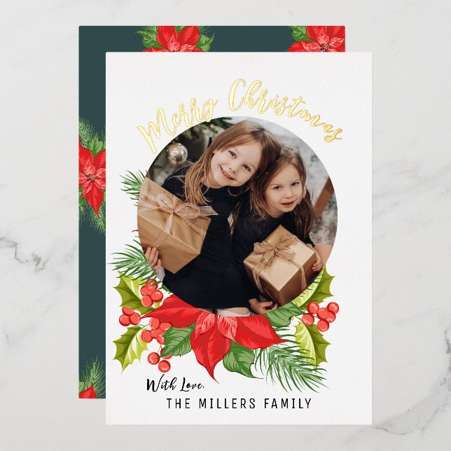 Carte De Vœux En Aluminium Poinsettia Floral Photo | Joyeux Noël (Recto/Verso)