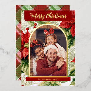 Carte De Vœux En Aluminium Poinsettias rouges Plaid Photo de Noël