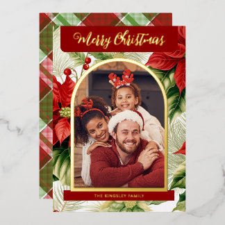 Carte De Vœux En Aluminium Poinsettias rouges Plaid Photo de Noël