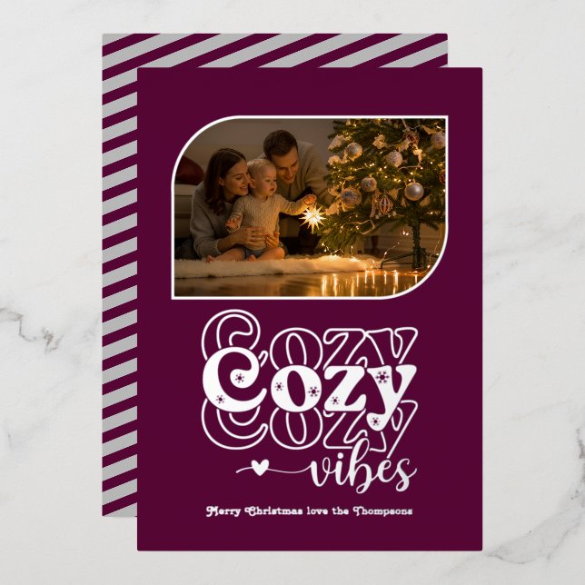 Carte De Vœux En Aluminium Prune & Argent Ambiance Cosy Rétro Noël Photo (Recto/Verso)
