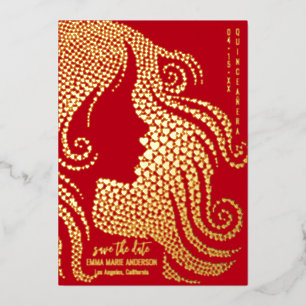 Carte De Vœux En Aluminium Quinceañera Girl Silhouette Gold Hearts Rouge Real