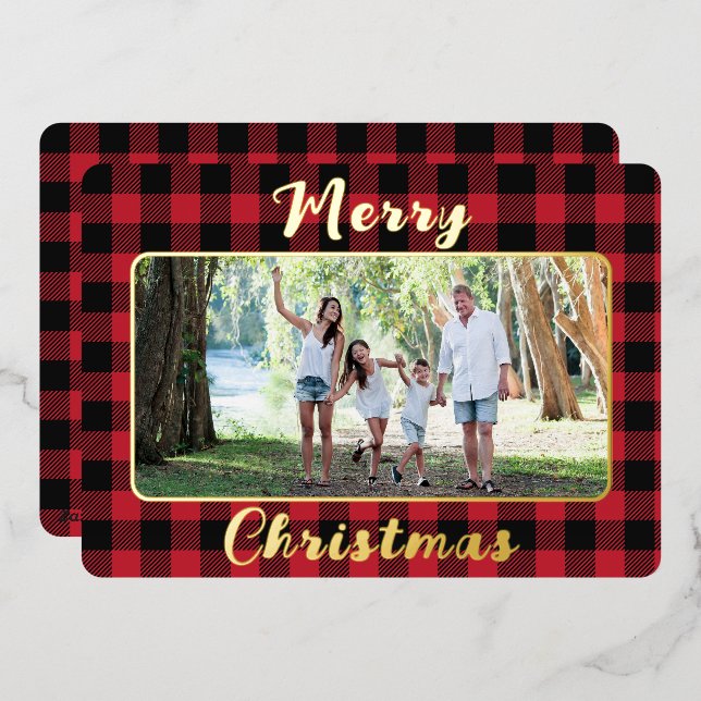 Carte De Vœux En Aluminium Red Buffalo Plaid Joyeux Noël Une photo (Recto/Verso)