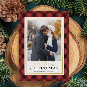 Carte De Vœux En Aluminium Red Buffalo Plaid Merriest Christmas Photo