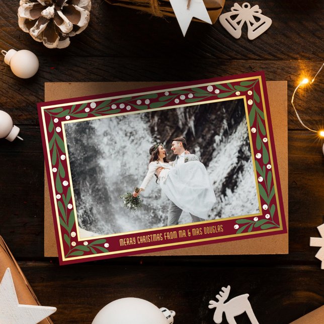Carte De Vœux En Aluminium Red Gold Green Mistoetoe Frame Merry Christmas (Créateur téléchargé)