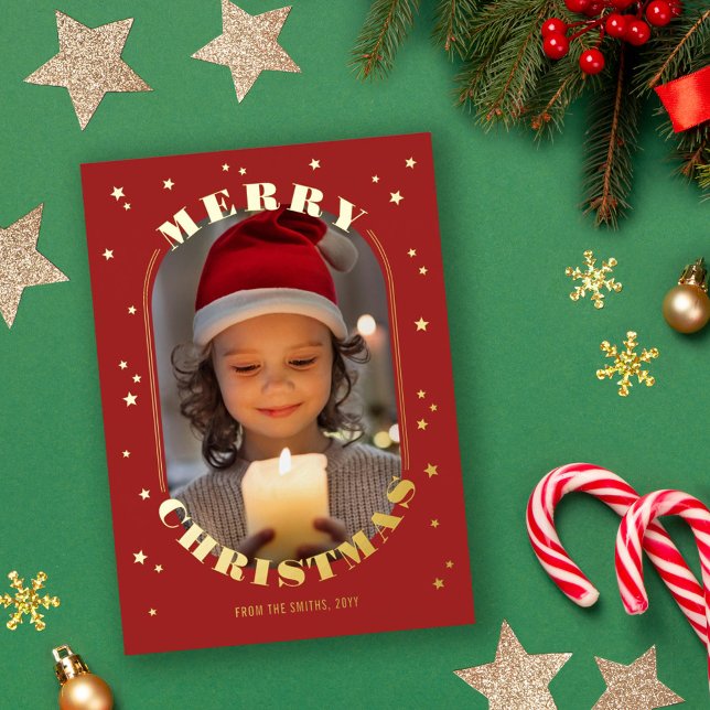 Carte De Vœux En Aluminium Red Gold Stars Oblong Photo Joyeux Noël (Créateur téléchargé)