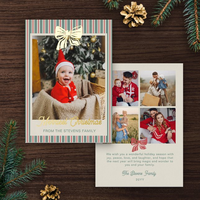 Carte De Vœux En Aluminium Red Green Stripes Gold Bow Merriest Christmas (Créateur téléchargé)