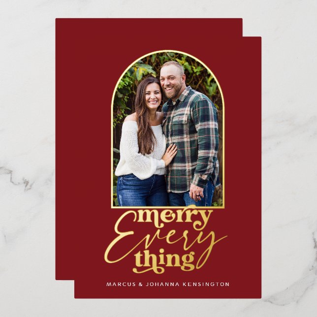 Carte De Vœux En Aluminium Red Merry Everything Arch Christmas Photo (Recto/Verso)