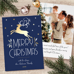Carte De Vœux En Aluminium Reinder de Noël Photo personnalisée Minuit Bleu