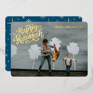 Carte De Vœux En Aluminium Retro Sparkle Joyeux Hanukkah Bleu Une Photo Or