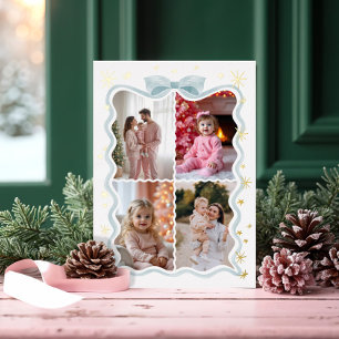 Carte De Vœux En Aluminium Retro Wavy Blue Ribbon & Stars Photos Collage