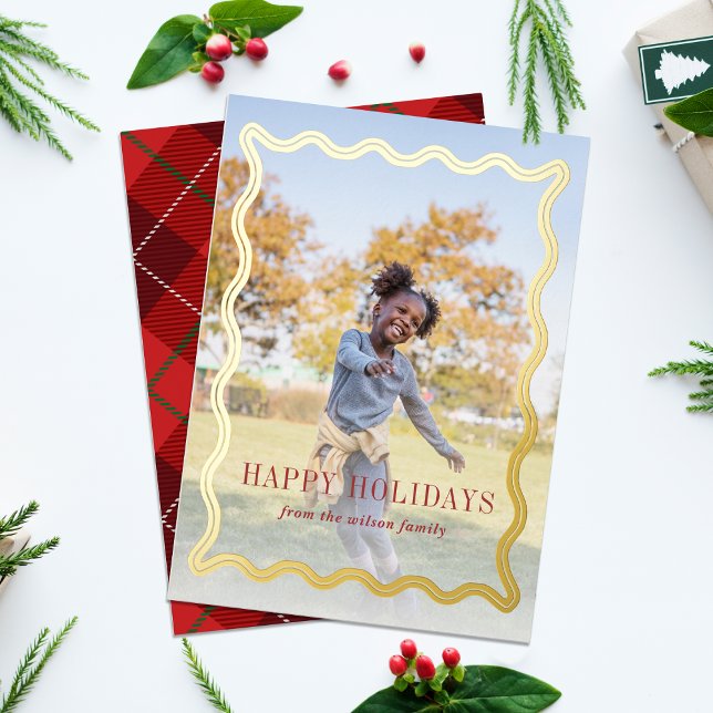Carte De Vœux En Aluminium Retro Wavy Frame Holidays Full Photo (Retro Wavy Frame Holidays Full Photo Foil Holiday Card)