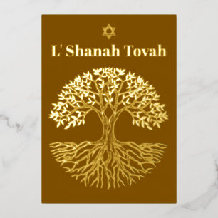 Carte De Vœux En Aluminium Roch Hachana Arbre de Vie Feuille d'Or Marron