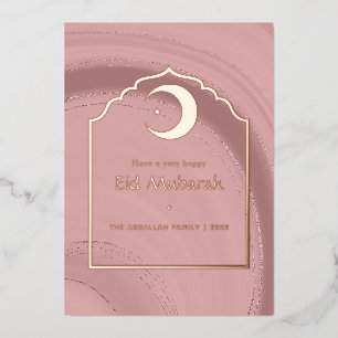 Carte De Vœux En Aluminium Rose Gold et Blush Pink Agate Feuille Eid Mubarak 