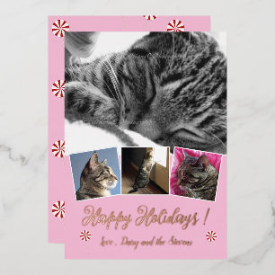 Carte De Vœux En Aluminium Rose Gold Foil Chat Photo Collage Pink Holiday Car