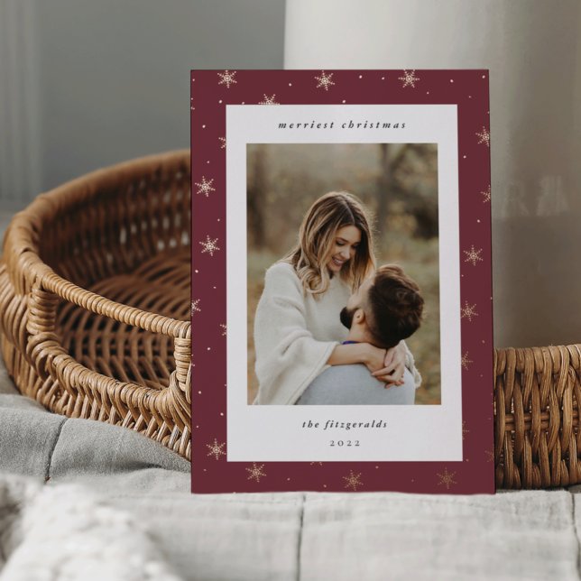 Carte De Vœux En Aluminium Rose Gold Snowflake Frontière Noël Photo (Créateur téléchargé)