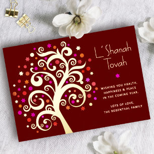 Carte De Vœux En Aluminium Rosh Hashanah Arbre de Vie Bourgogne Or Réel