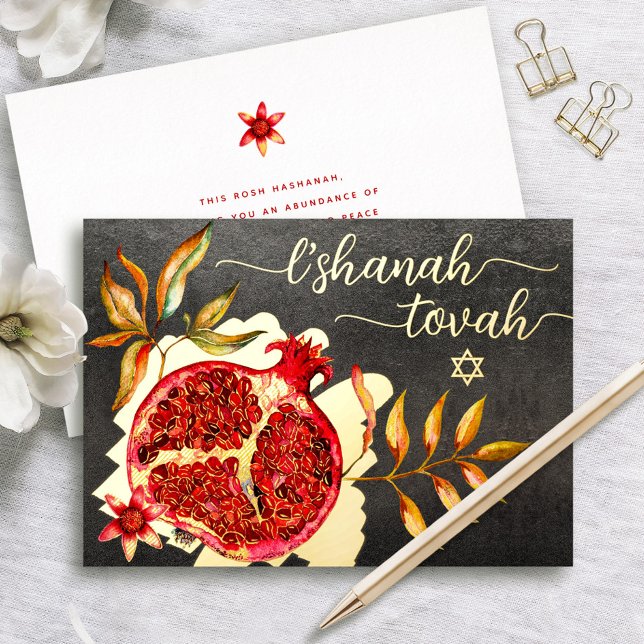 Carte De Vœux En Aluminium Rosh Hashanah Grenade Rouge Aquarelle Or Réel (Créateur téléchargé)