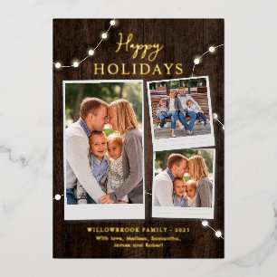 Carte De Vœux En Aluminium Rustic 3 Photo Collage et Fairy Lights Gold