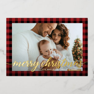 Carte De Vœux En Aluminium Rustic Modern Red noir plaid photo Noël
