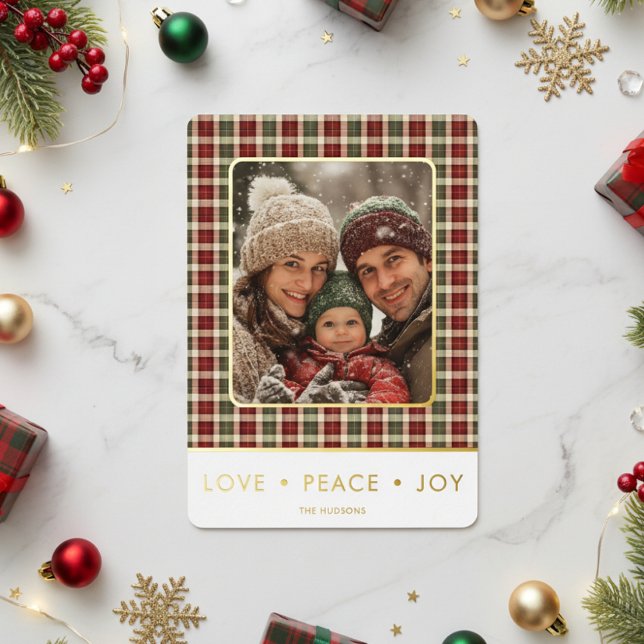 Carte De Vœux En Aluminium Rustic Plaid Love Peace Joie Photo Noël (Créateur téléchargé)