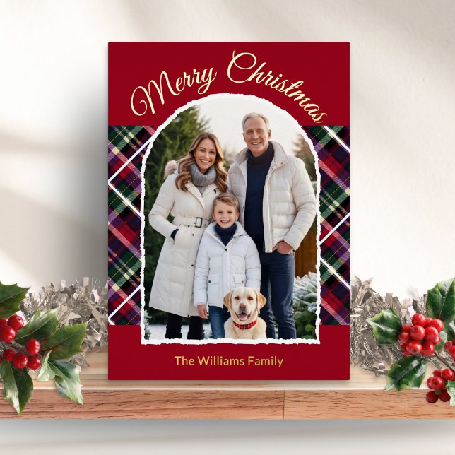 Carte De Vœux En Aluminium Rustique Tartan Plaid Arch Photo Joyeux Noël (A Christmas card personalized with your photo and name(s), with gold foil detail and tartan)