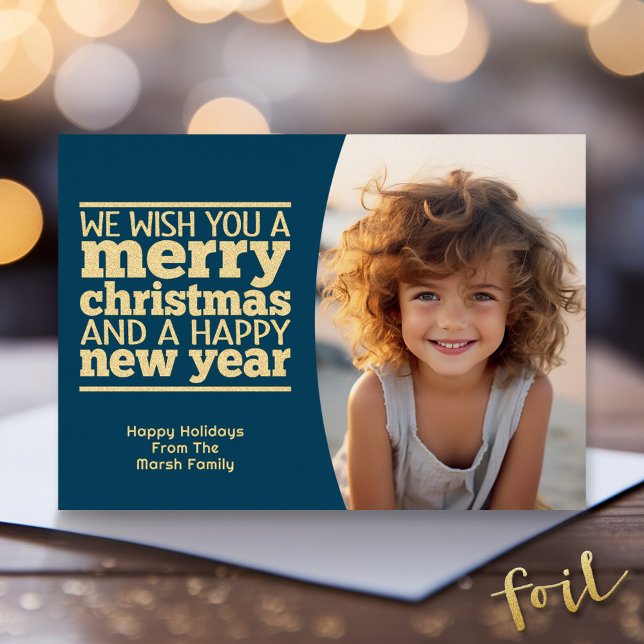 Carte De Vœux En Aluminium Salutation de Noël Botanique Bleue - 1 Photo (Gold Foil Christmas Photo Card - Modern Holiday Greeting)