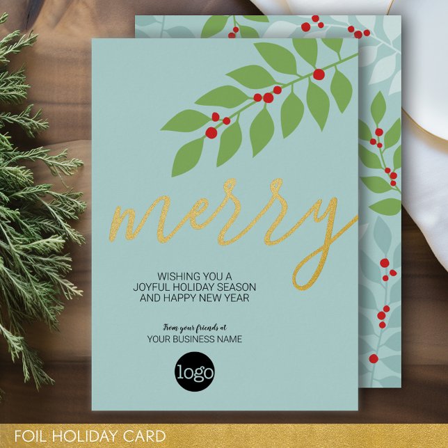 Carte De Vœux En Aluminium Salutation de Noël - Merry Aqua - (Business Holiday Card - Add Your Logo to this Foil Accented Office Card)