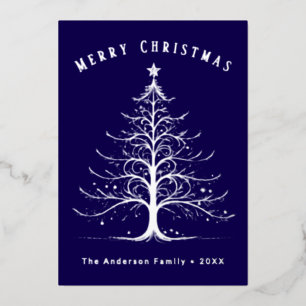 Carte De Vœux En Aluminium Sapin de Noël Bleu Nuit Moderne Nom Personnalisé
