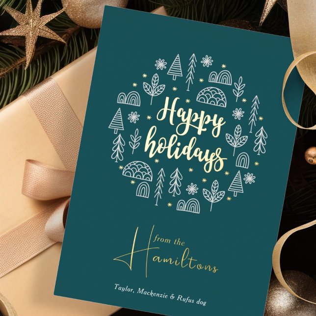 Carte De Vœux En Aluminium Scandinave Nordic Happy Holidays Personnalisé (Scandinavian Nordic Happy Holidays Personalized Foil Holiday Card by Ricaso green, white, REAL foil
)