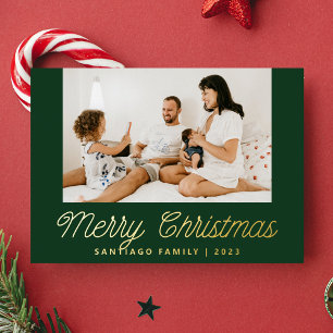Carte De Vœux En Aluminium Script Calligraphie de famille Photo verte Noël