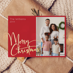 Carte De Vœux En Aluminium Script de fête Rouge Photo Joyeux or de Noël