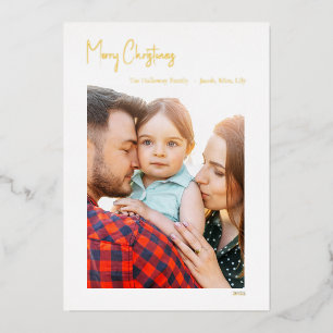 Carte De Vœux En Aluminium Script de Noël moderne Vertical Single Photo Gold