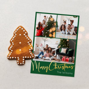 Carte De Vœux En Aluminium Script Festif Vert 3 Photo Joyeux Noël Or