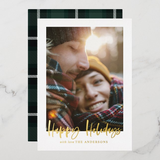 Carte De Vœux En Aluminium script happy holiday green tartan photo (Recto/Verso)