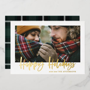 Carte De Vœux En Aluminium script happy holiday green tartan photo