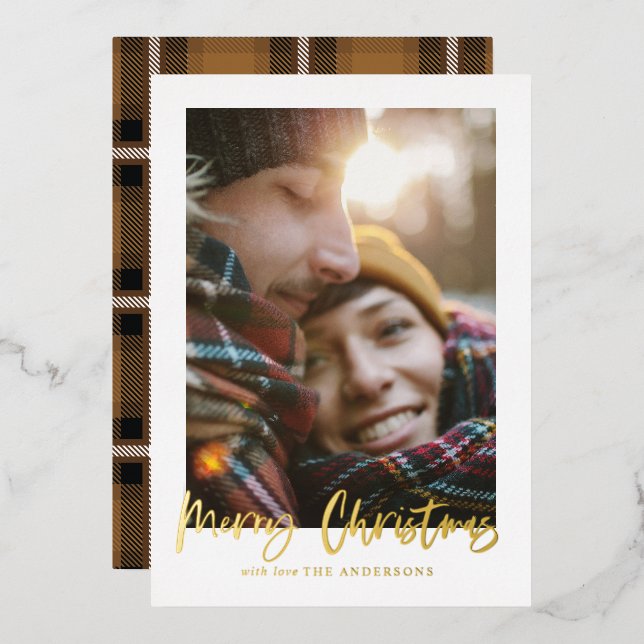 Carte De Vœux En Aluminium script joyeux noël moutarde tartan photo (Recto/Verso)