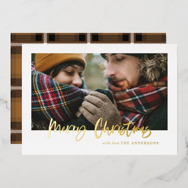Carte De Vœux En Aluminium script joyeux noël tartan moutarde photo  (Recto/Verso)