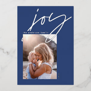Carte De Vœux En Aluminium script minimal moderne joie 1 photo bleu élégant