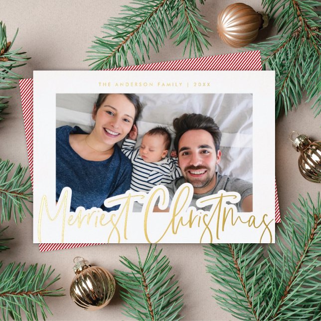 Carte De Vœux En Aluminium Script moderne Merriest Christmas Photo Gold (Créateur téléchargé)