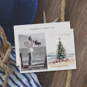 Carte De Vœux En Aluminium Seas et salutations sapin de Noël sur la plage