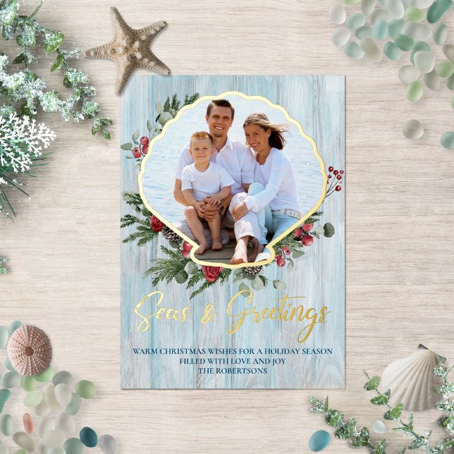 Carte De Vœux En Aluminium Seas N Salutations Seashell Christmas Photo Gold (Créateur téléchargé)