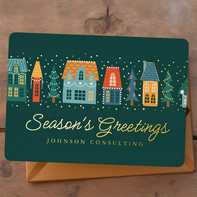 Carte De Vœux En Aluminium Season's Greetings Modern Winter Snow Village (Créateur téléchargé)
