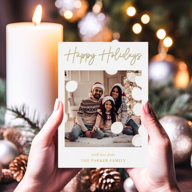 Carte De Vœux En Aluminium Signature moderne | Gold Foil Script Multi Photo (An elegant holiday card with gold foil script and five of your favorite photos)
