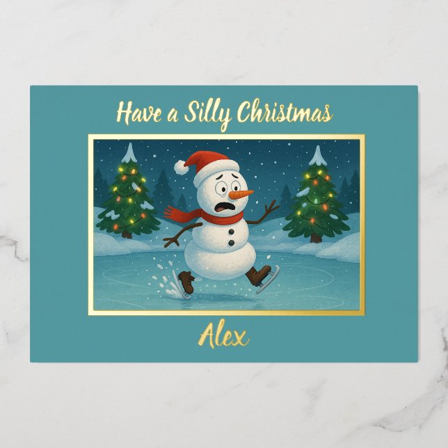 Carte De Vœux En Aluminium Silly Snowman Ice Skating on Christmas Eve (Recto)